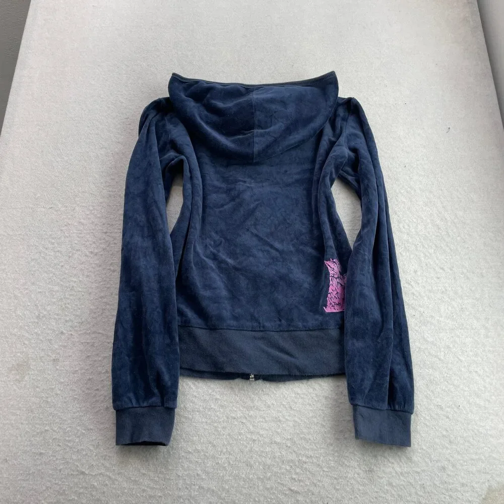 Juicy Couture Women's Navy Velour Zip-Up Hoodie Kangaroo Pockets Dog Logo Size M